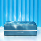 Frontal view lifestyle shot of limited edition leather toiletry bag for traveling in skyblue