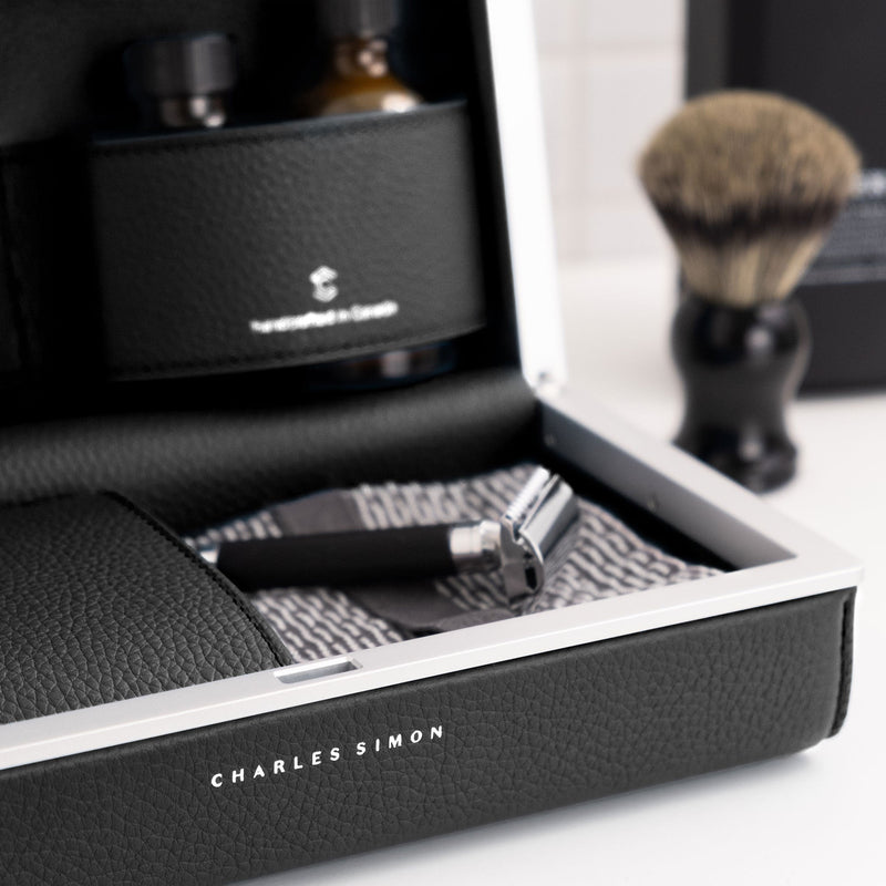 Beauty essentials in leather toiletry bag designed for luxury travel 