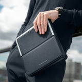 Lifestyle shot of man holding luxury travel wallet by Charles Simon